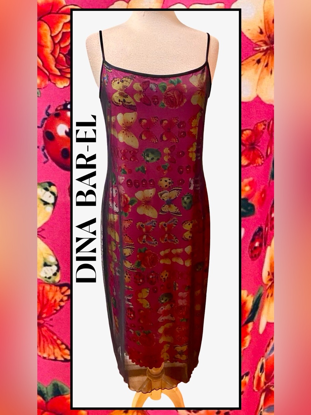 DINA BAR-EL USA Black Mesh Overlay Pink Butterfly Print Slip DRESS  Sz M/L New
